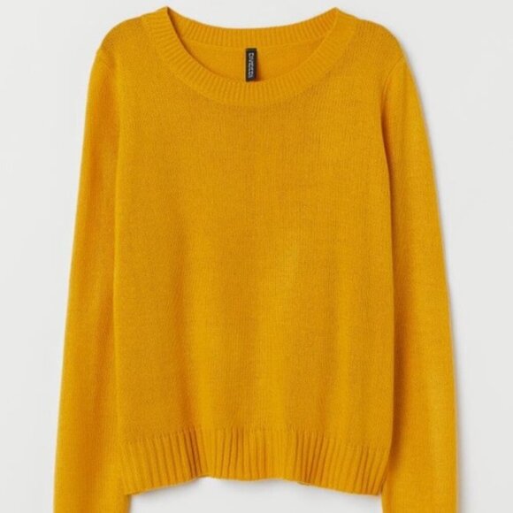 DIVIDED H&M Solid Mustard Golden Open Weave Semi Sheer Crew Neck Sweater Small S - Picture 3 of 13